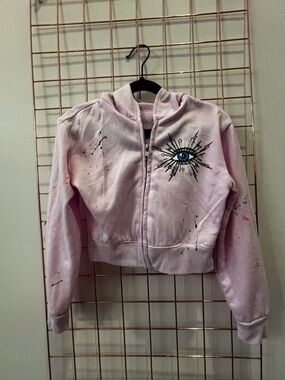 Firehouse Pink Cropped Zip Hoodie with Eye Graphic